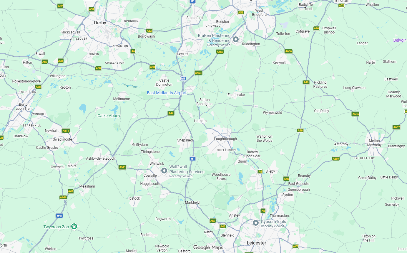 Map showing PrimeTouch Plastering service area around Loughborough, Leicester, Derby and Nottingham